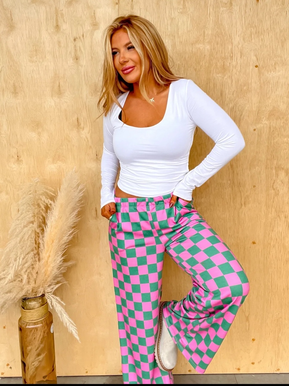 Haddie Wide Leg Checker Pants S Blakely Pink Green AKA Sorority Lounge Game Day